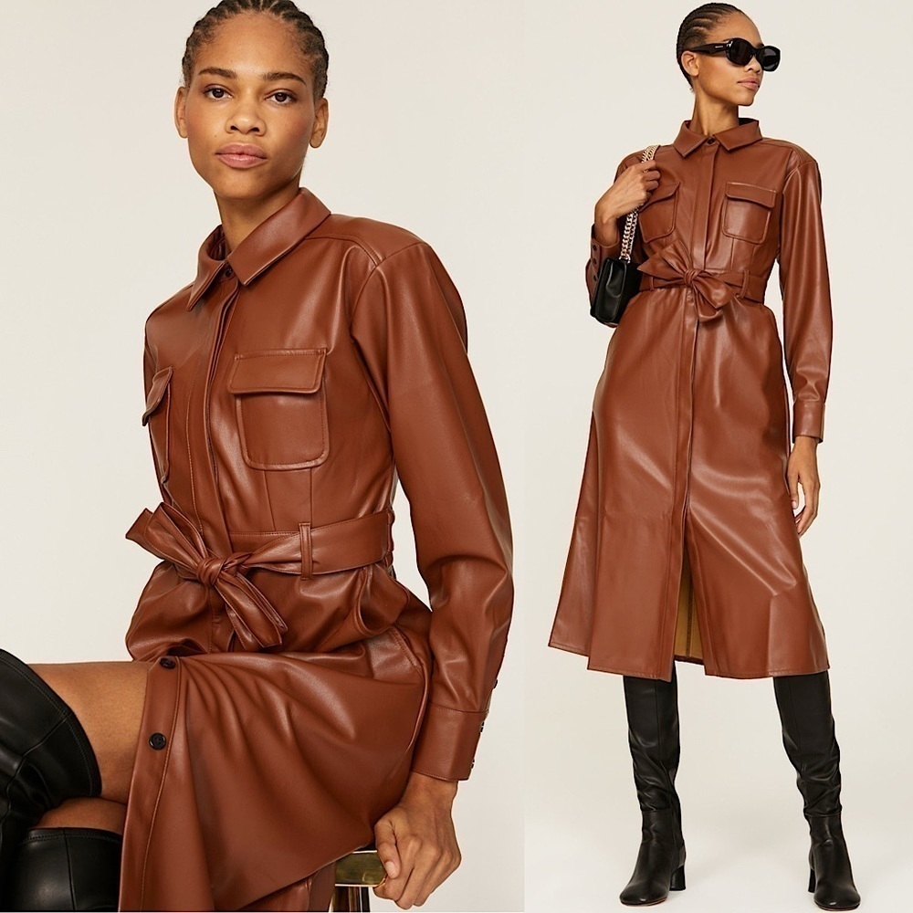 MARISSA‎ WEBB Faux Leather Long Sleeve Belted Button Front Jacket Midi Dress 0